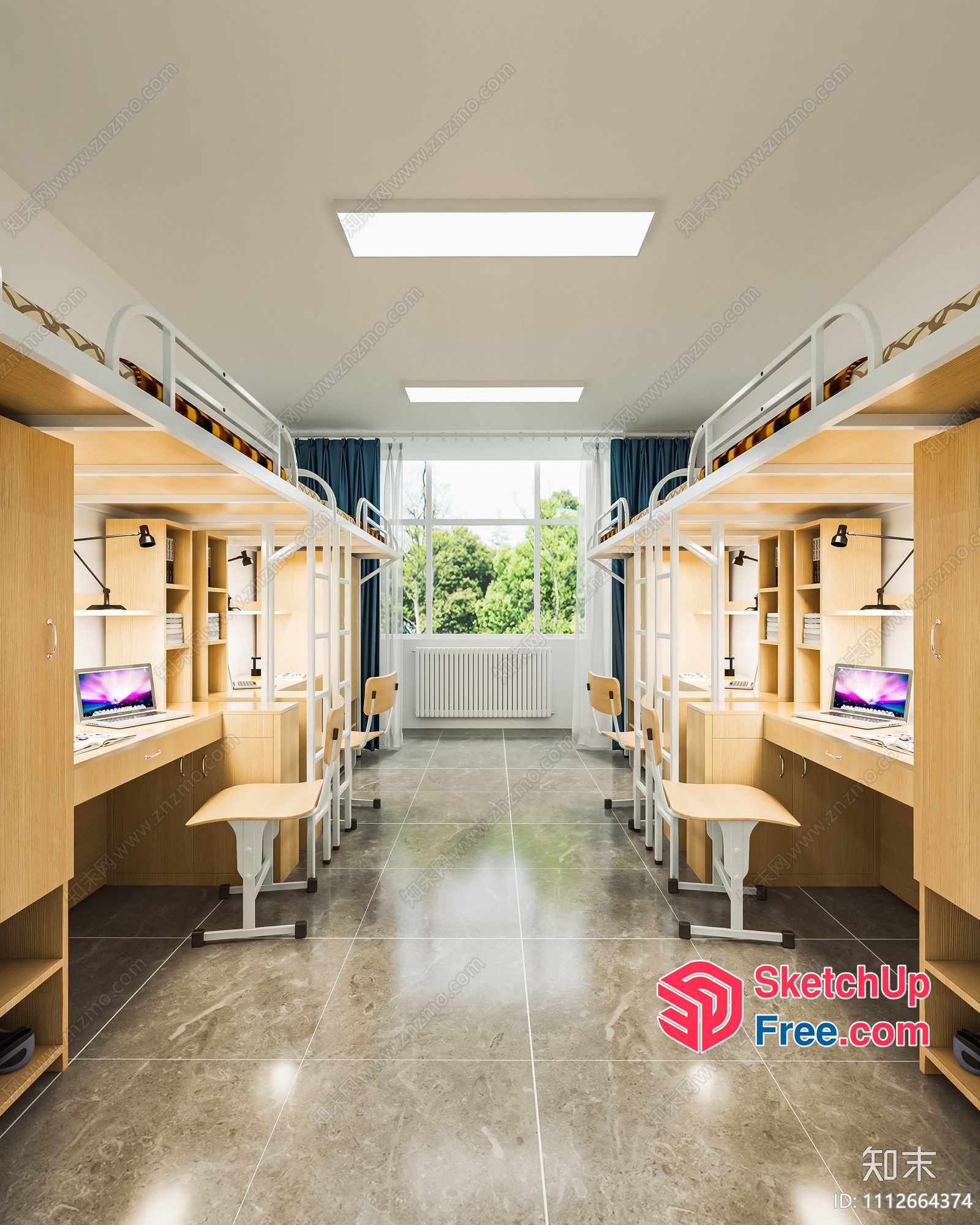 Modern Dormitory Room With Desks And Bunks 3D SketchUp File