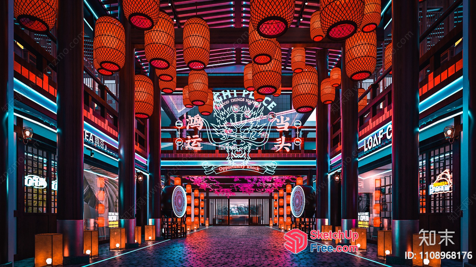 Night Market Interior With Pillars And Neon Lights 3D SketchUp File