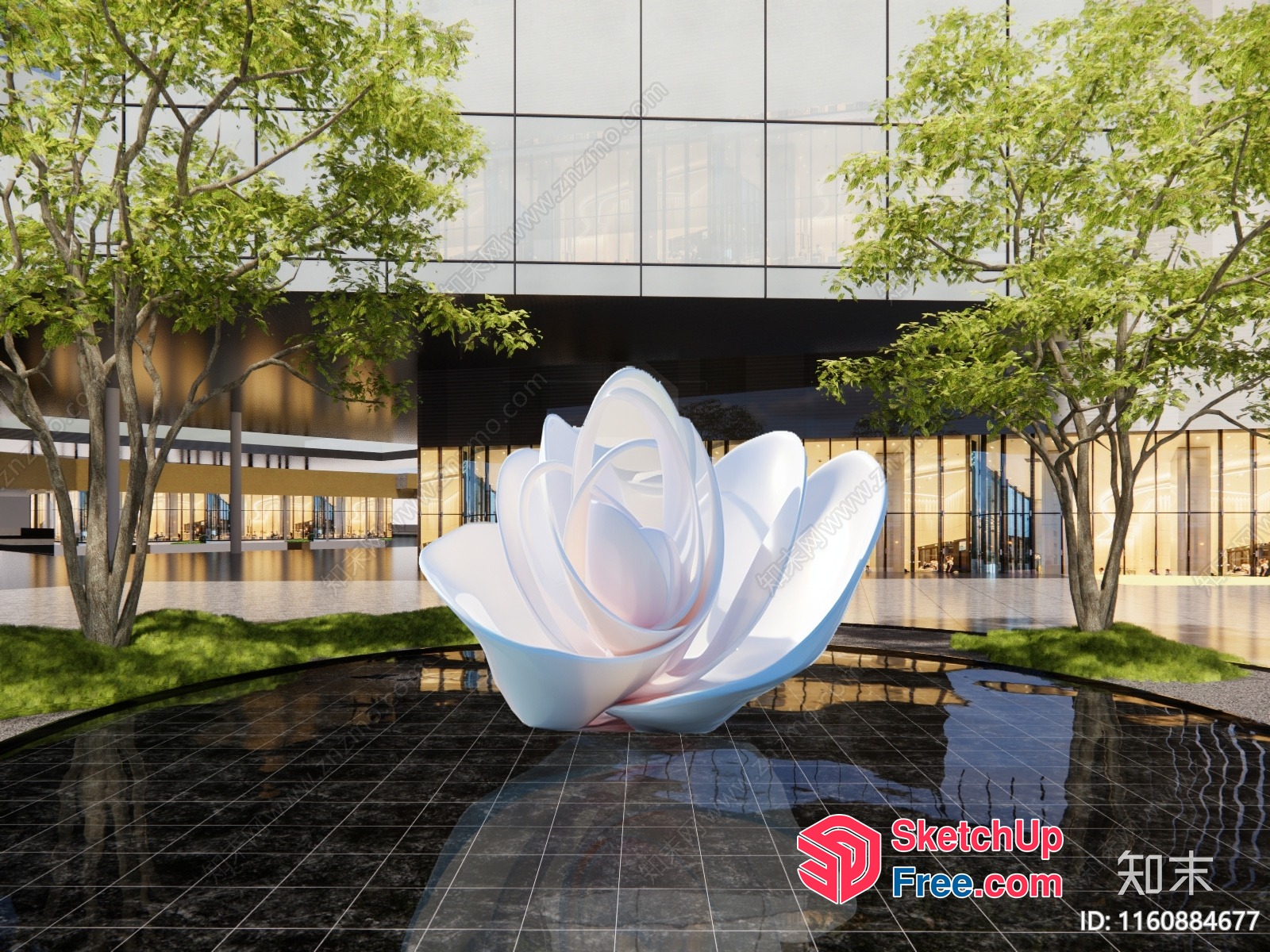 Modern Glass Building With White Flower Sculpture 3D SketchUp File