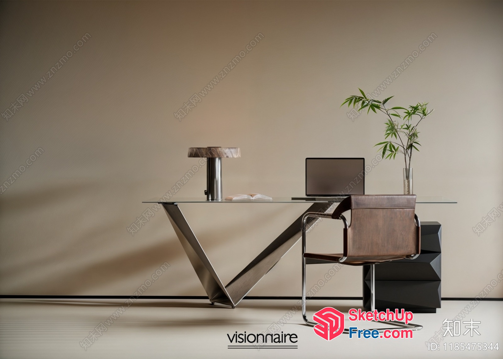Modern Minimalist Office Space With Sleek Glass Desk And Wooden Chair 3D SketchUp File