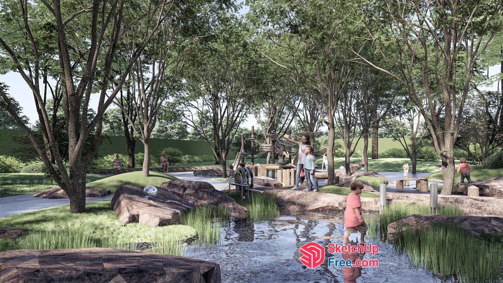 Serene Outdoor Playground With Water Features 3D SketchUp File