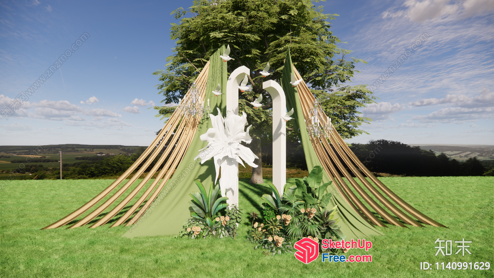 Ornate Outdoor Decor With Tree And Floral Arrangement 3D SketchUp File