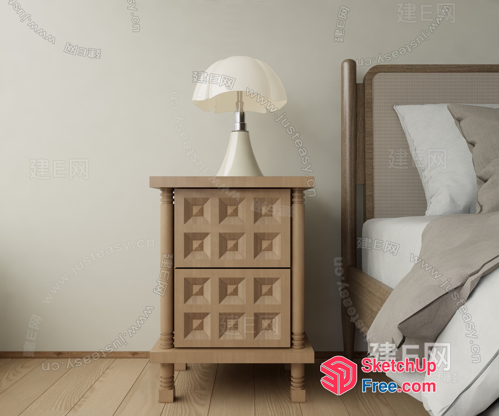 Wooden Bedside Table With Carved Drawer And Lamp 3D SketchUp File
