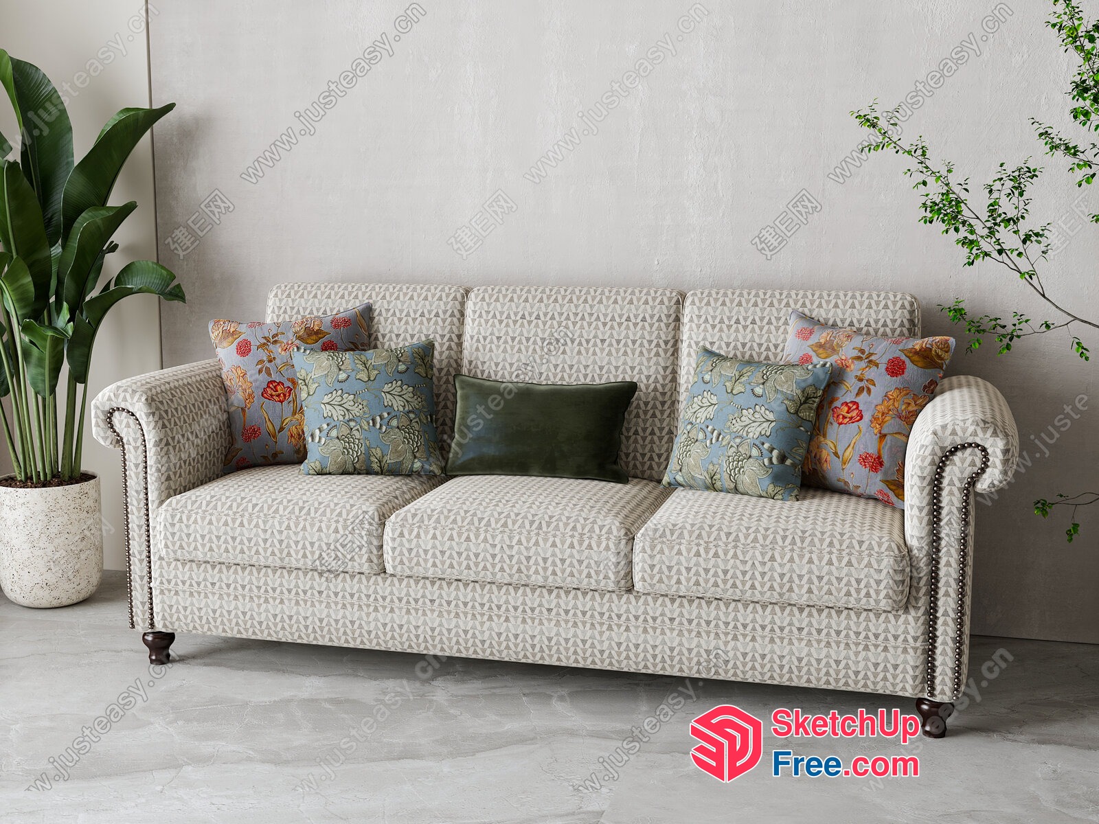 Elegant Cream And Gray Patterned Sofa With Accent Pillows 3D SketchUp File