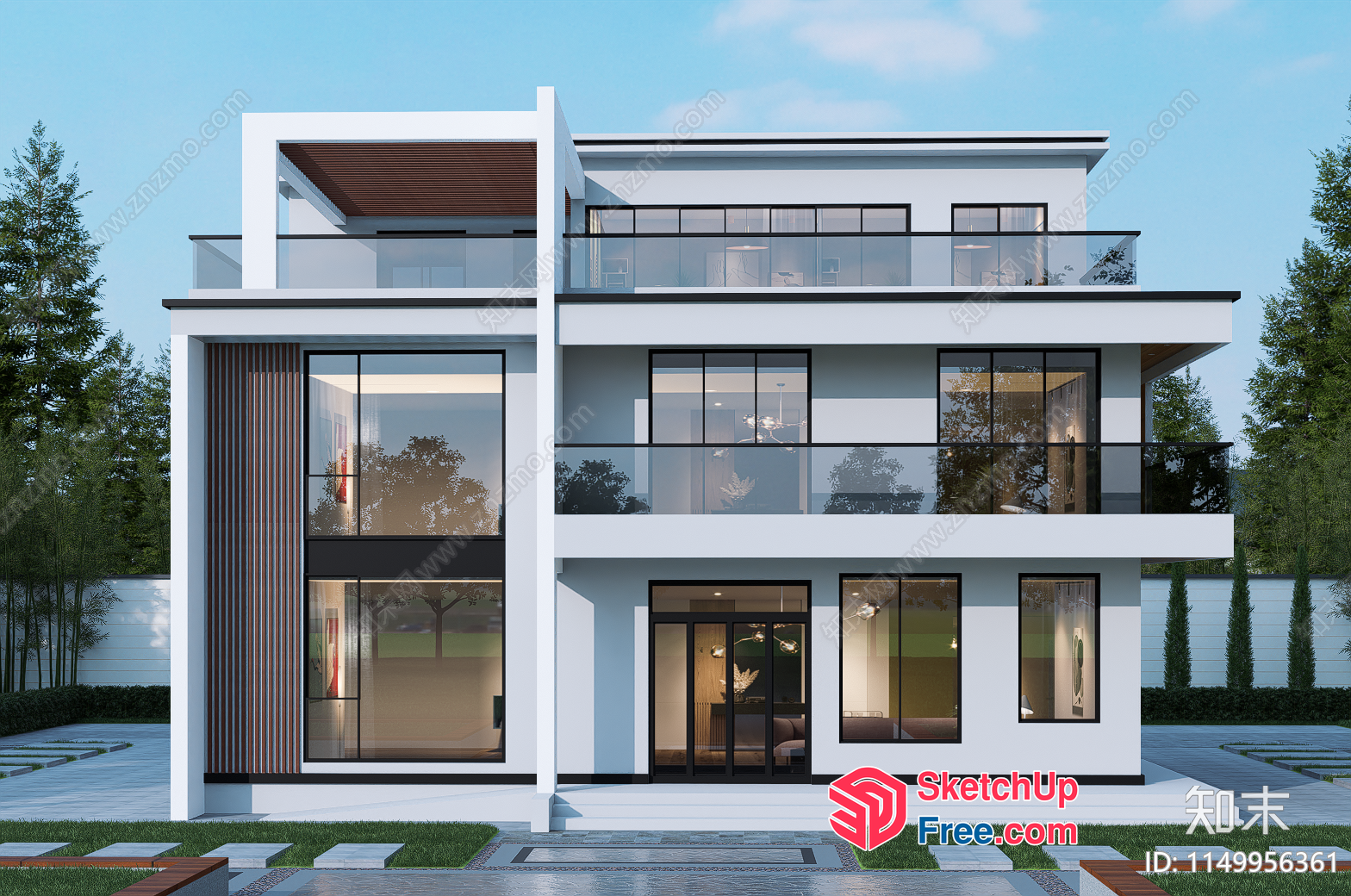 Modern Villa With Balcony And Glass Curtain Wall 3D SketchUp File