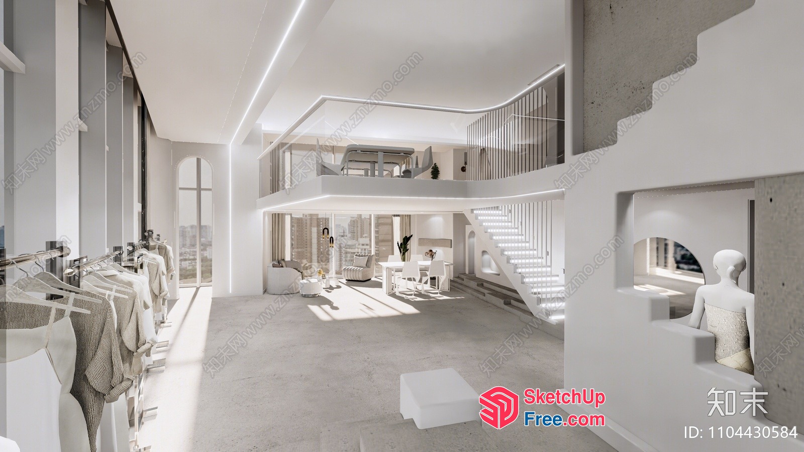 Modern White Interior With Staircase And Balcony 3D SketchUp File