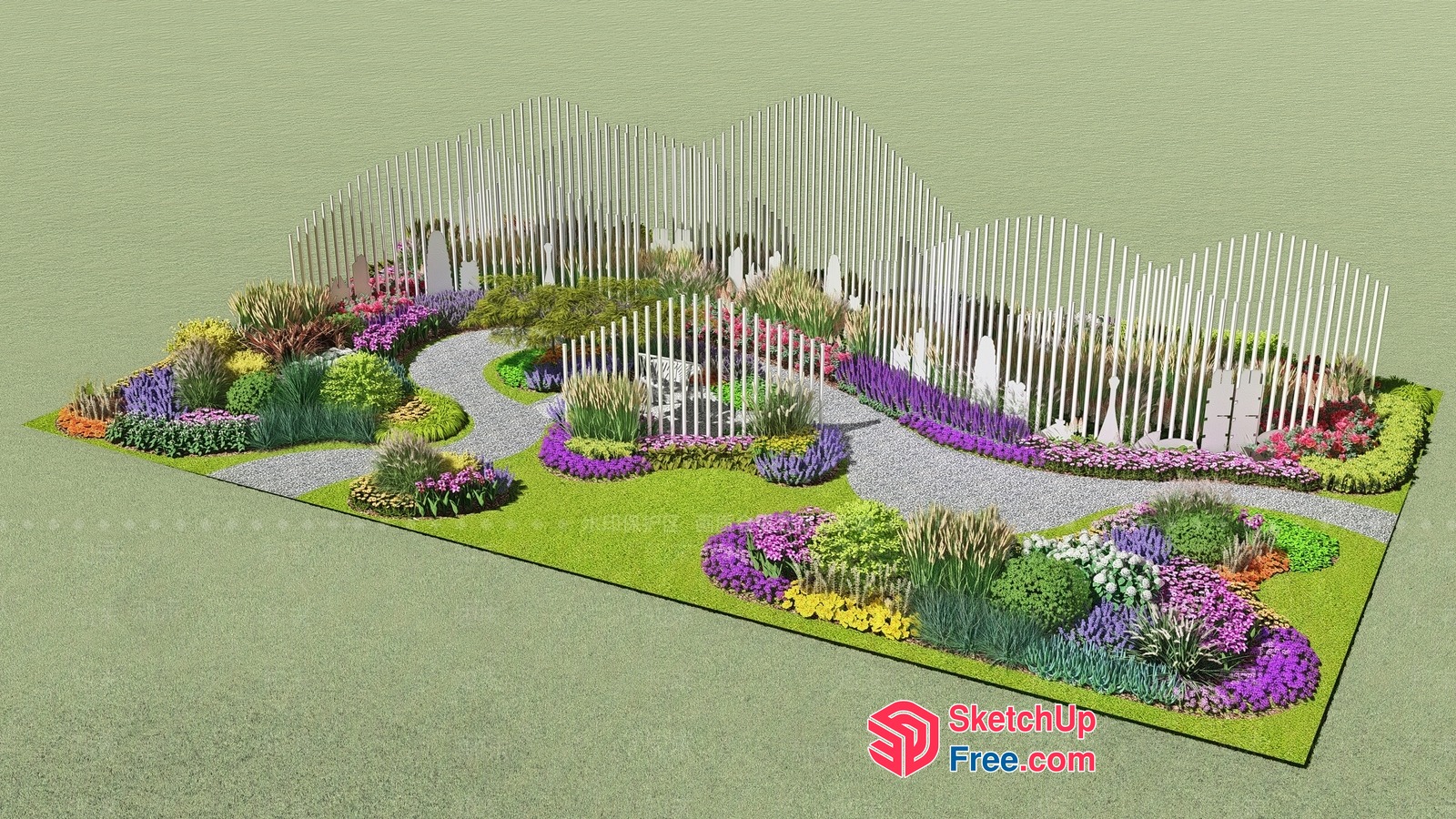 Colorful Garden Design With White Fence 3D SketchUp File