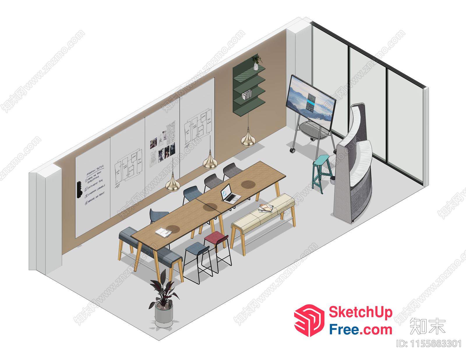 Modern Office Meeting Room With Conference Table And Whiteboard 3D SketchUp File