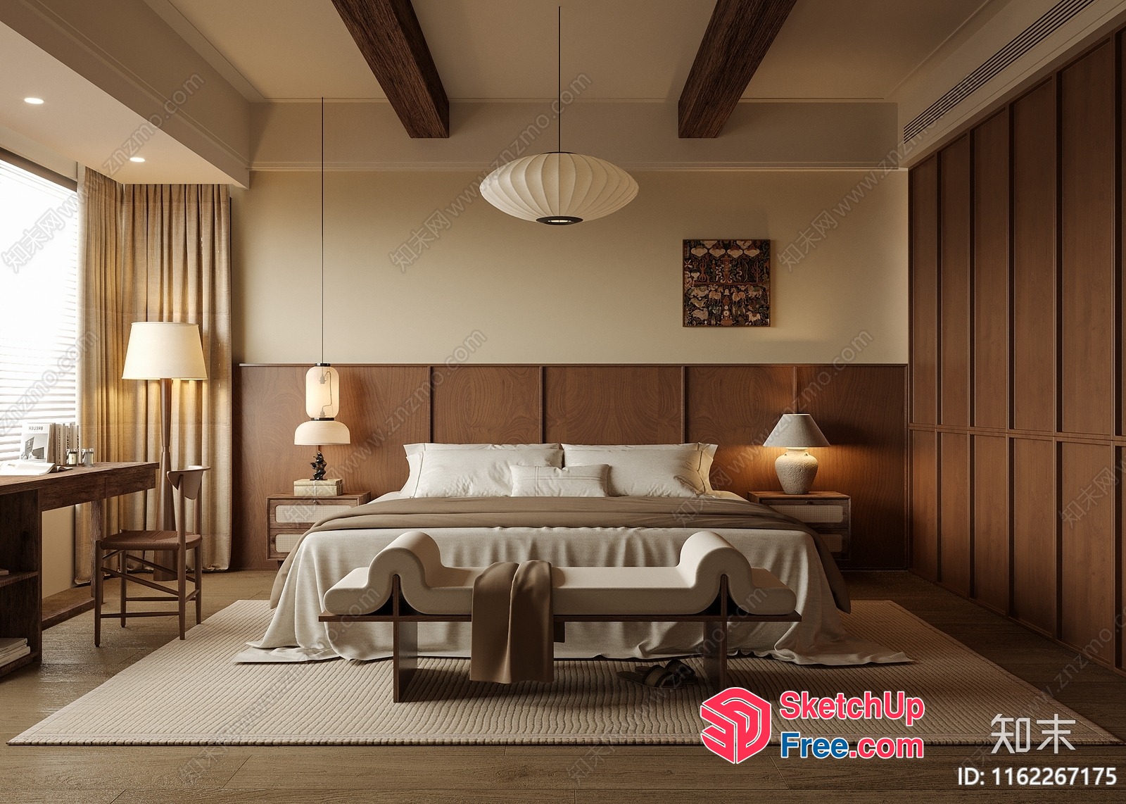 Cozy Modern Bedroom With White Bed And Brown Accents 3D SketchUp File