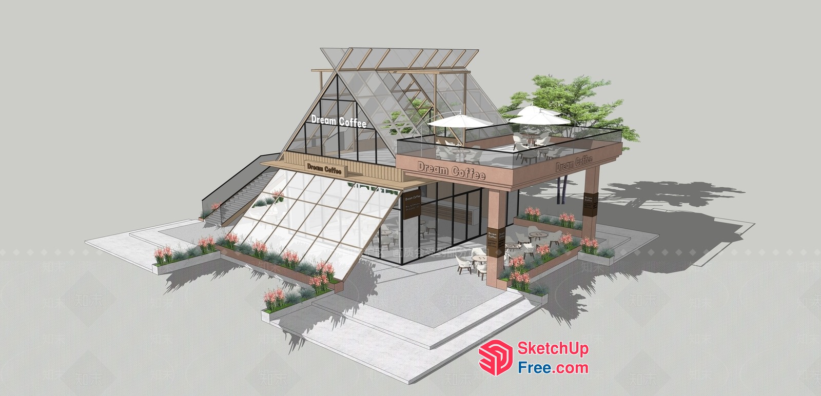 Dreamy Glass-Walled Coffee Shop With Elegant Stairs 3D SketchUp File