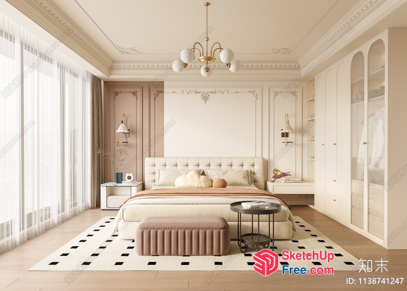 Elegant And Classic Creamy Style Bedroom 3D SketchUp File
