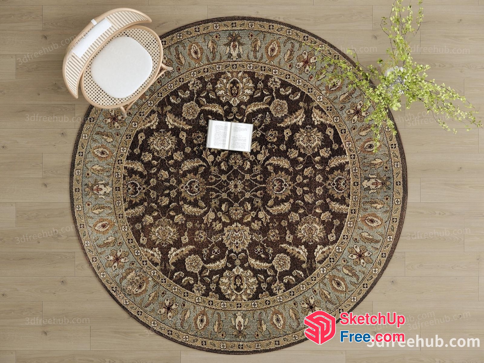 Classic Round Rug With Floral Pattern And Border 3D SketchUp File