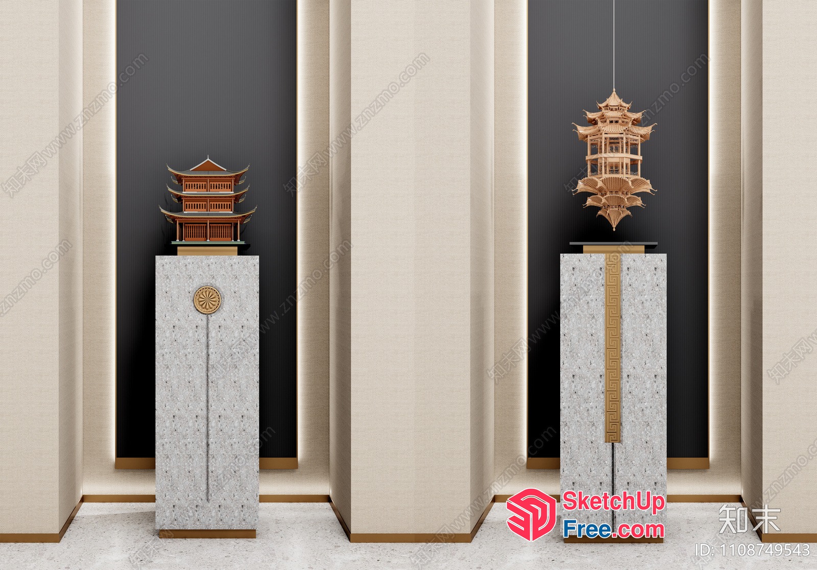 Two Pillars And Two Miniature Buildings 3D SketchUp File