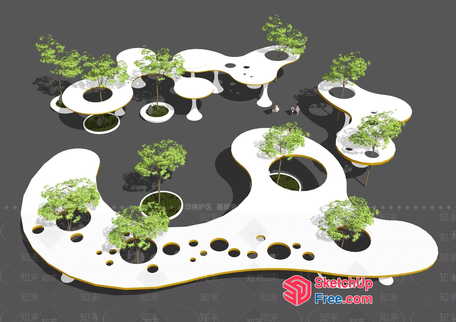 Modern Outdoor Space With Curved Lines And Potted Plants 3D SketchUp File