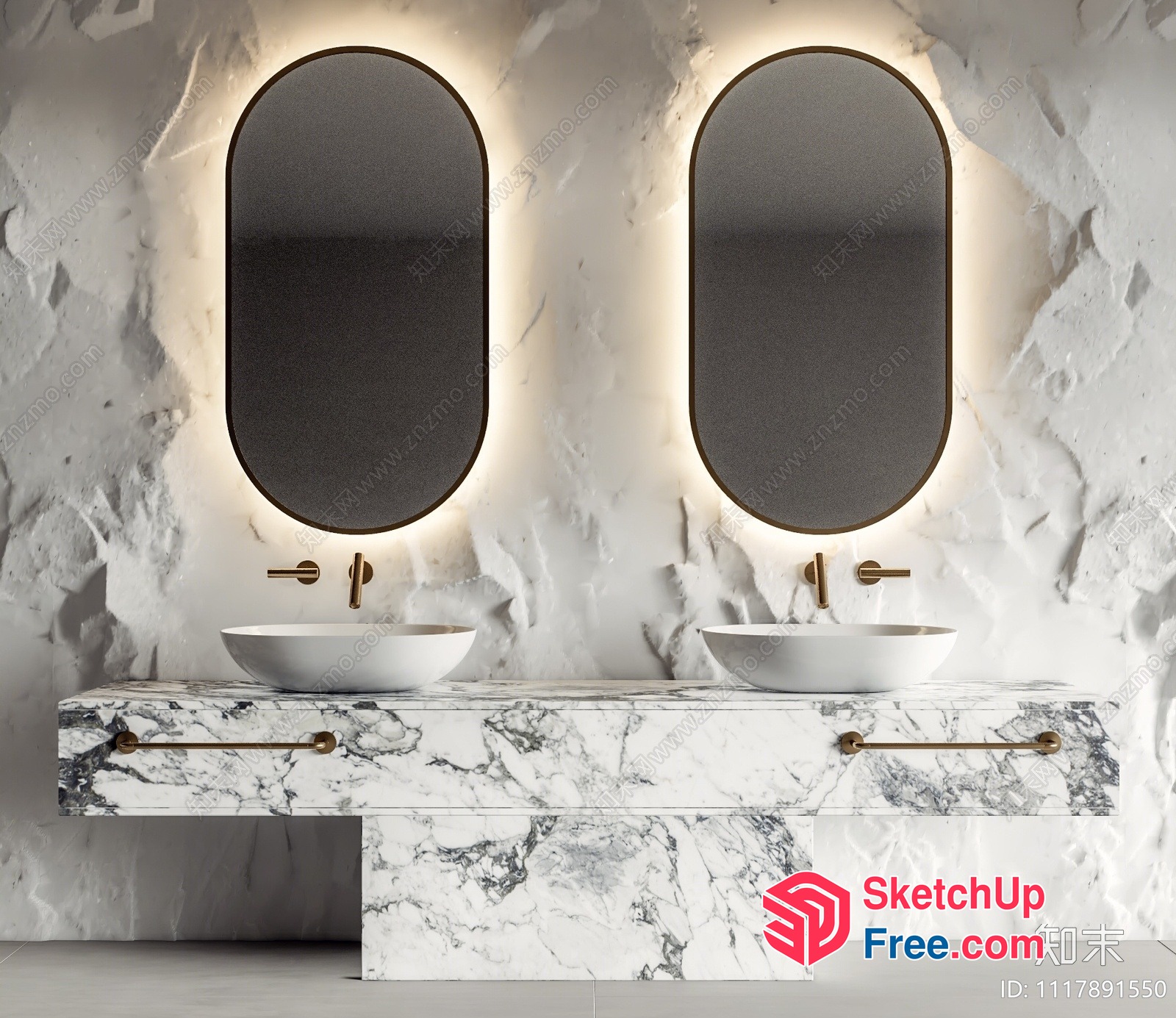 Marble Double Sink Vanity With Led Lit Mirrors 3D SketchUp File