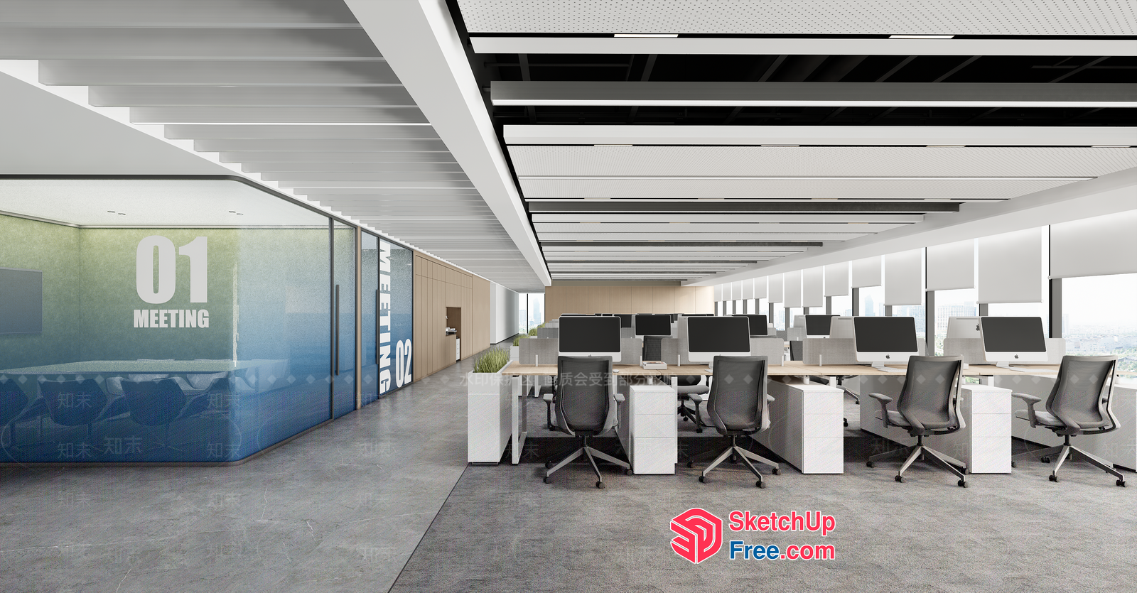 Modern Office Space With Meeting Rooms And Workstations 3D SketchUp File
