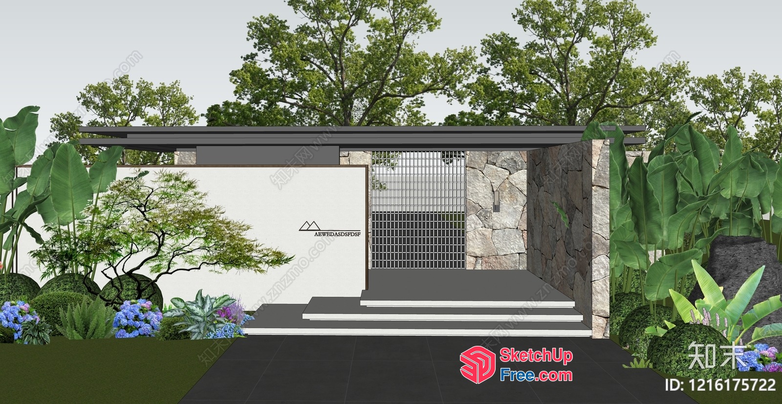 Modern Exterior Villa Entrance With Elegant Stone Wall 3D SketchUp File