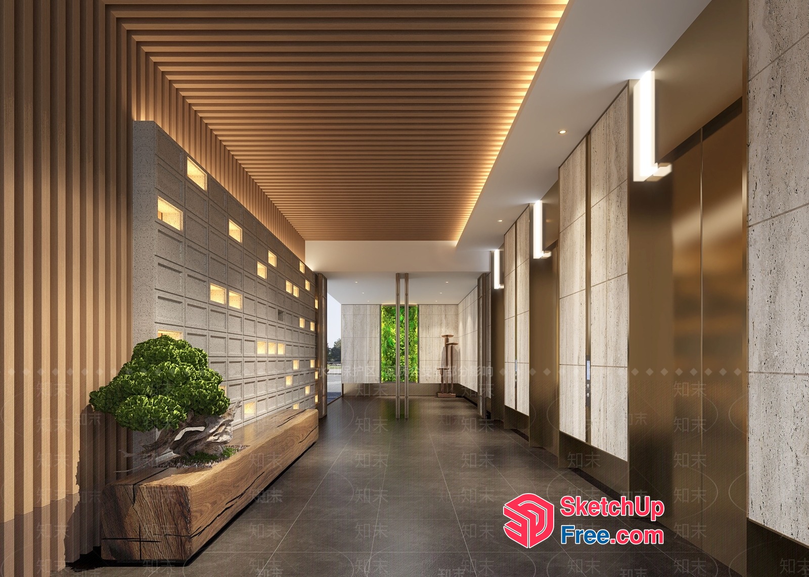 Modern Japanese-Style Lobby With Elevators 3D SketchUp File