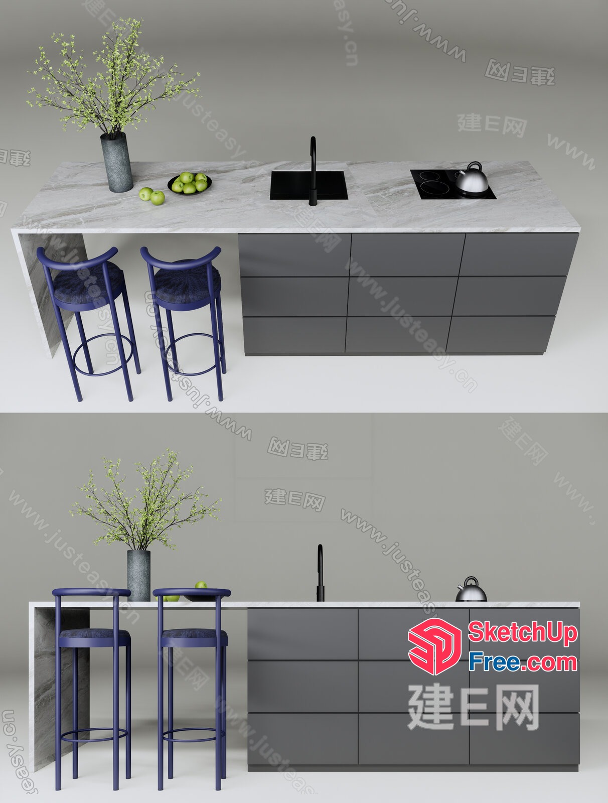 Modern Kitchen Island With Marble Countertop And Bar Stools 3D SketchUp File