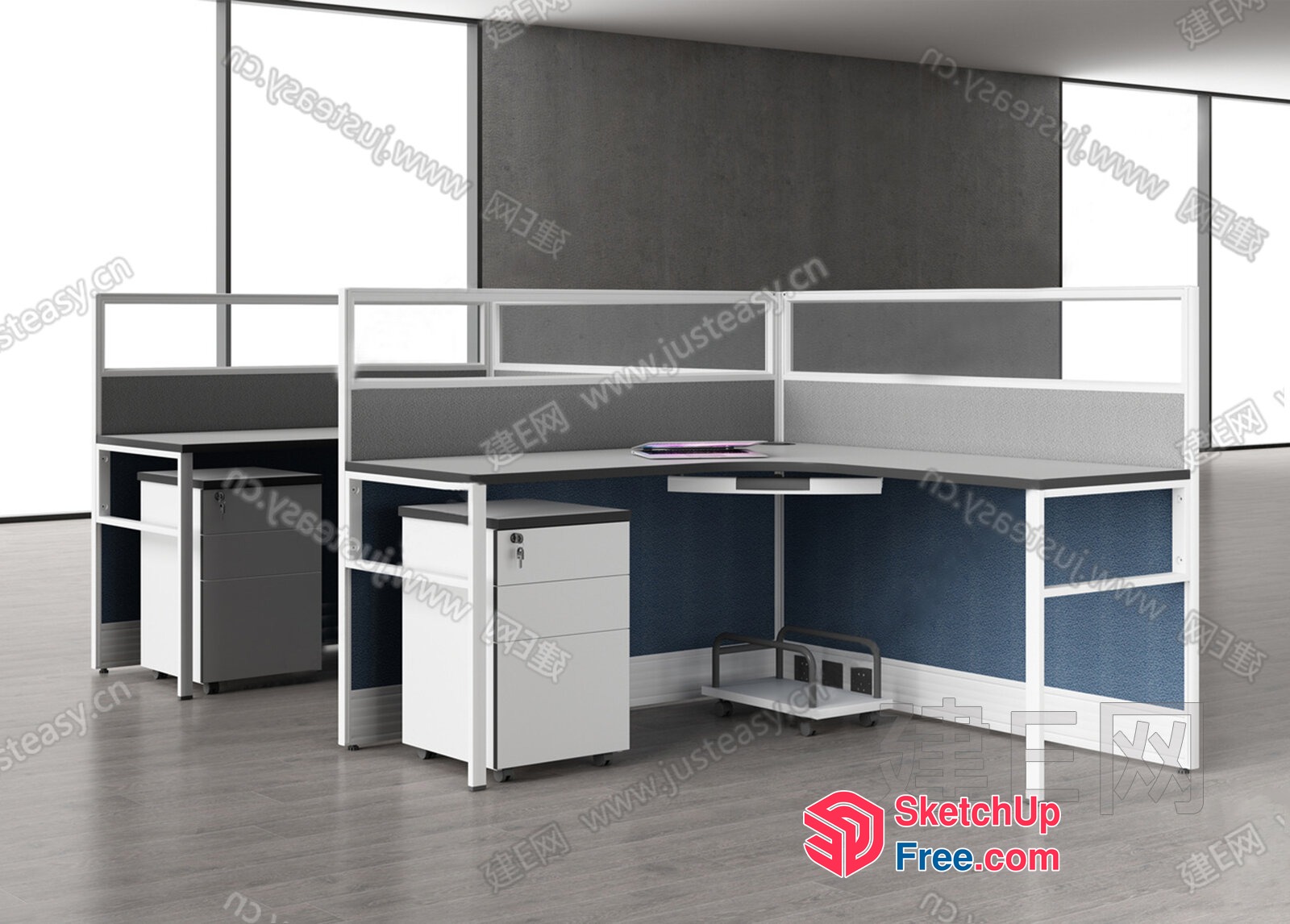 Office Furniture With Grey And White Color Scheme And Grey Floor 3D SketchUp File