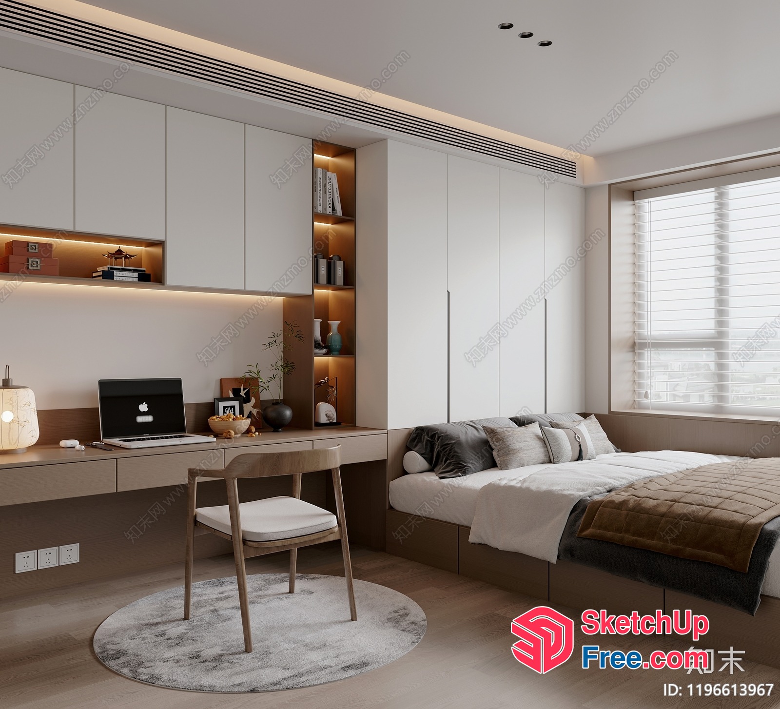 Modern Minimalist Bedroom With Built-In Storage And Desk 3D SketchUp File