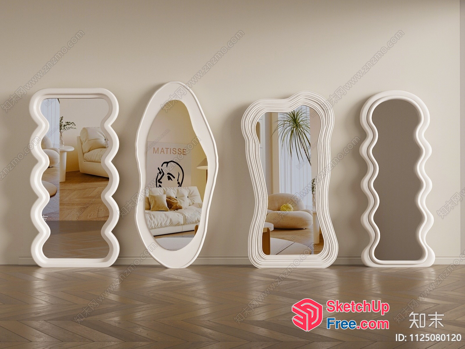 Elegant White Wavy Mirrors In A Neutral Decorated Room 3D SketchUp File