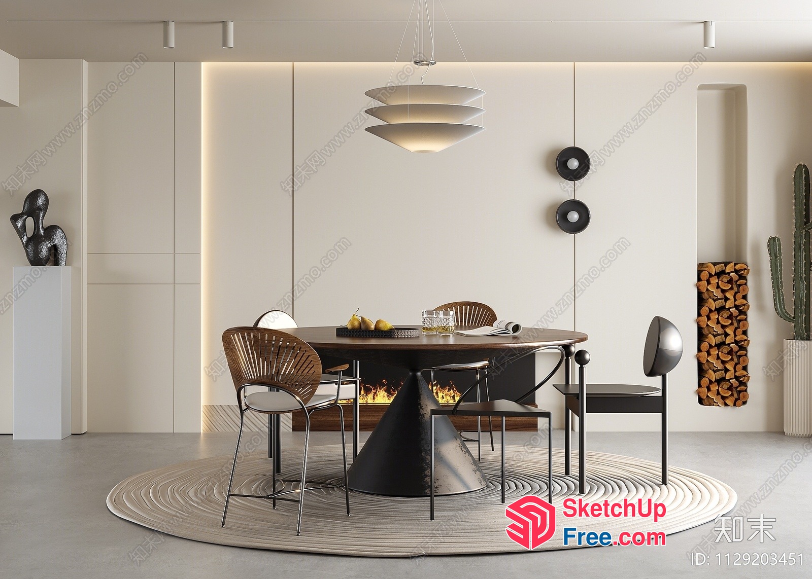 Modern Minimalist Dining Room With Fireplace And Art Decor 3D SketchUp File