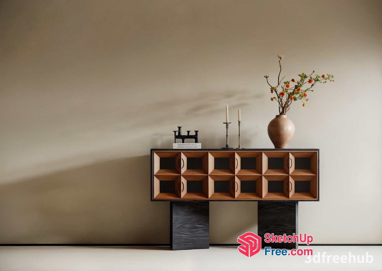 Japanese-Style Console Table With Modern Wood And Stone Decor 3D SketchUp File
