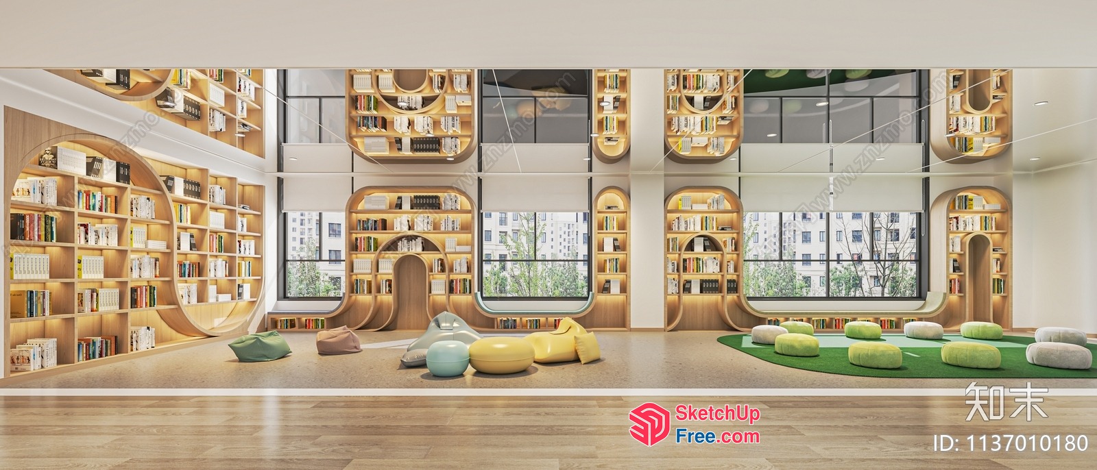 Modern Library Interior With Curved Shelves And Cozy Seating 3D SketchUp File