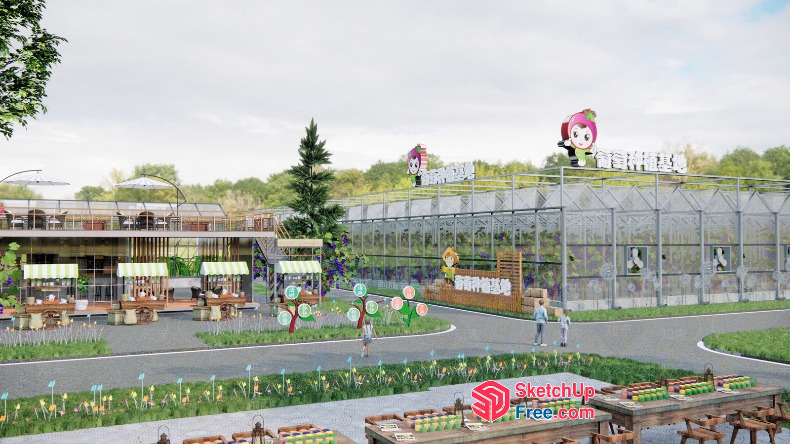 Modern Greenhouse Restaurant With Outdoor Seating 3D SketchUp File