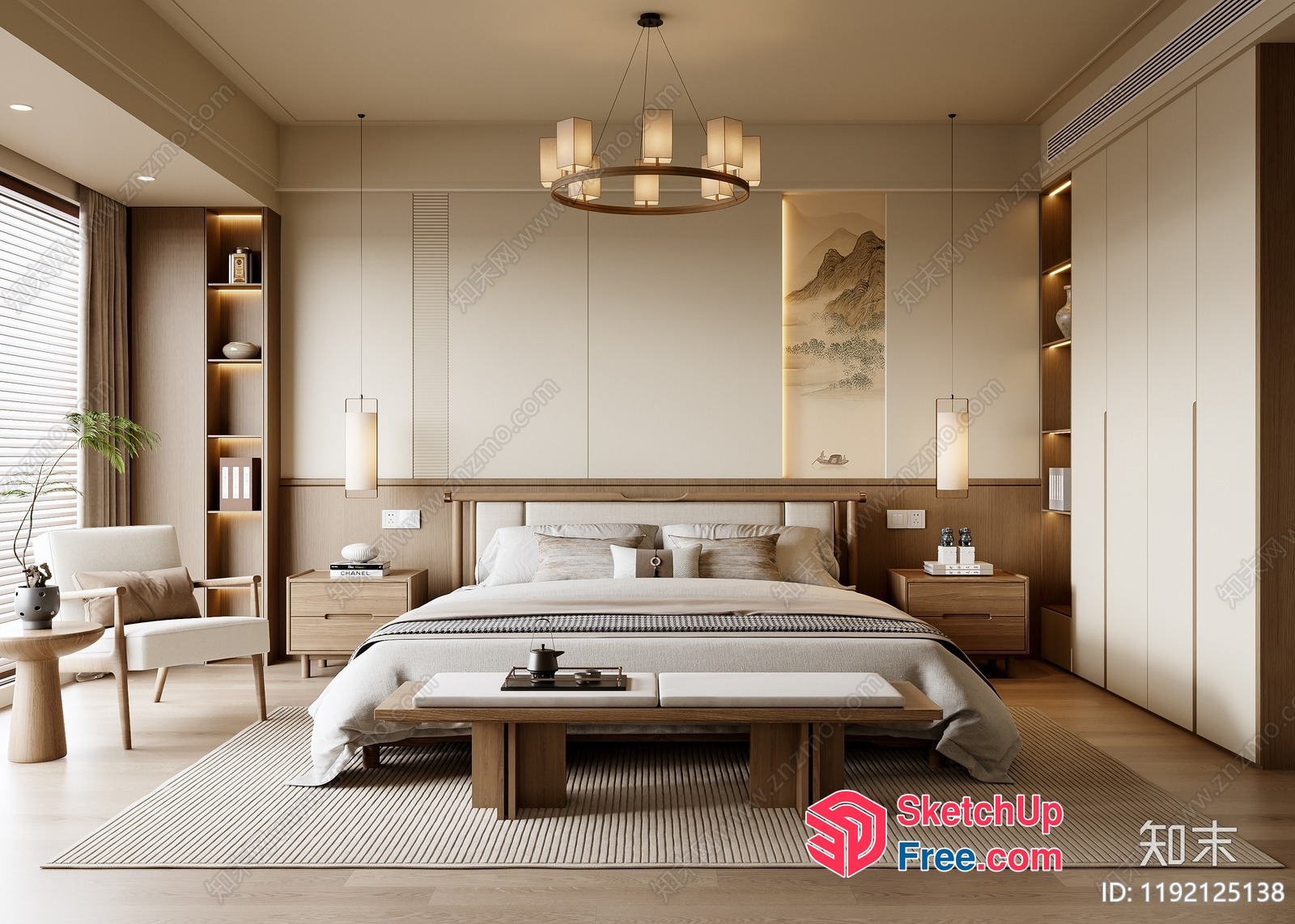 Elegant Japanese-Style Bedroom With Natural Wood Accents 3D SketchUp File
