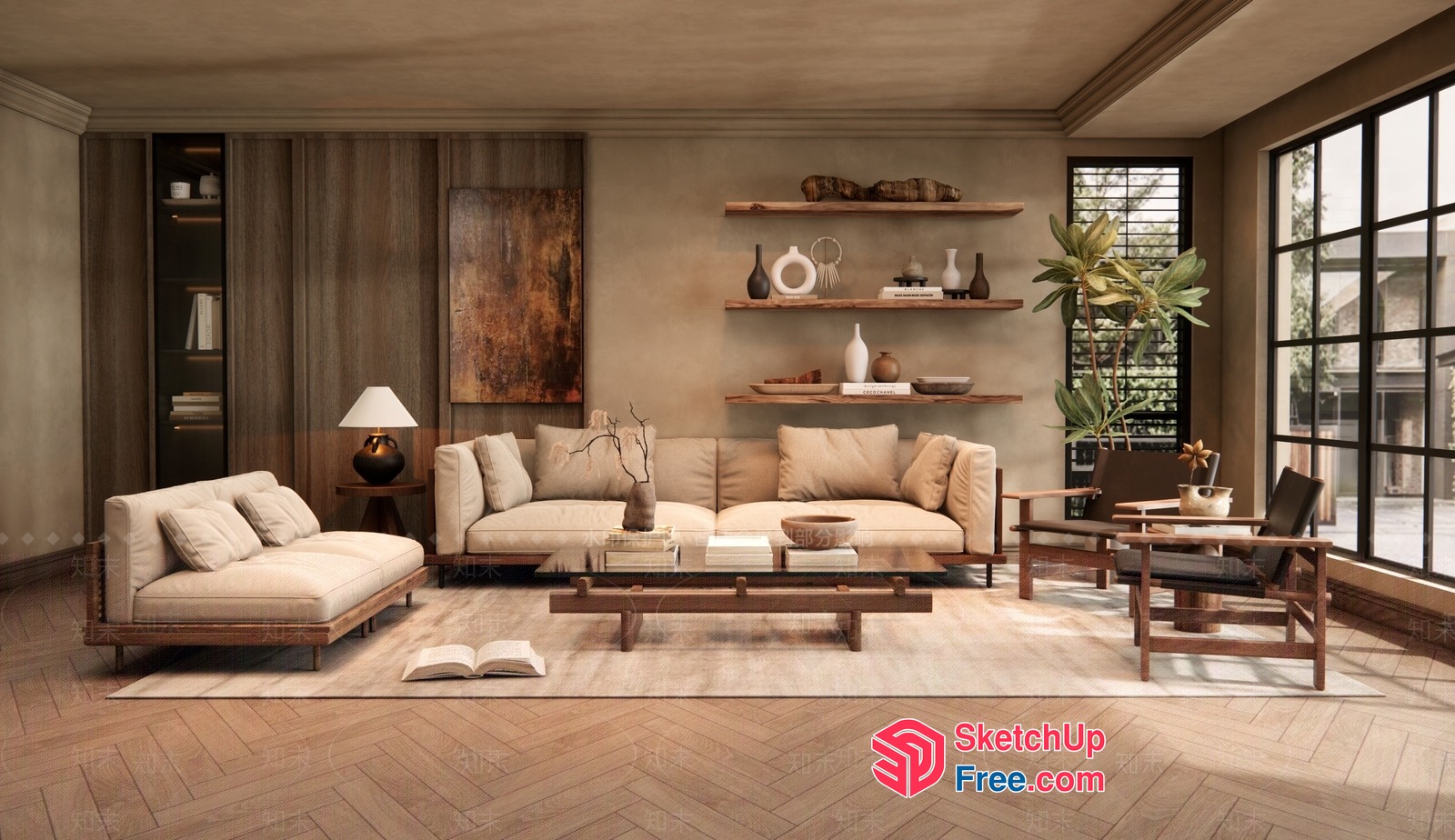 Elegant Modern Living Room With Natural Wood Accents 3D SketchUp File