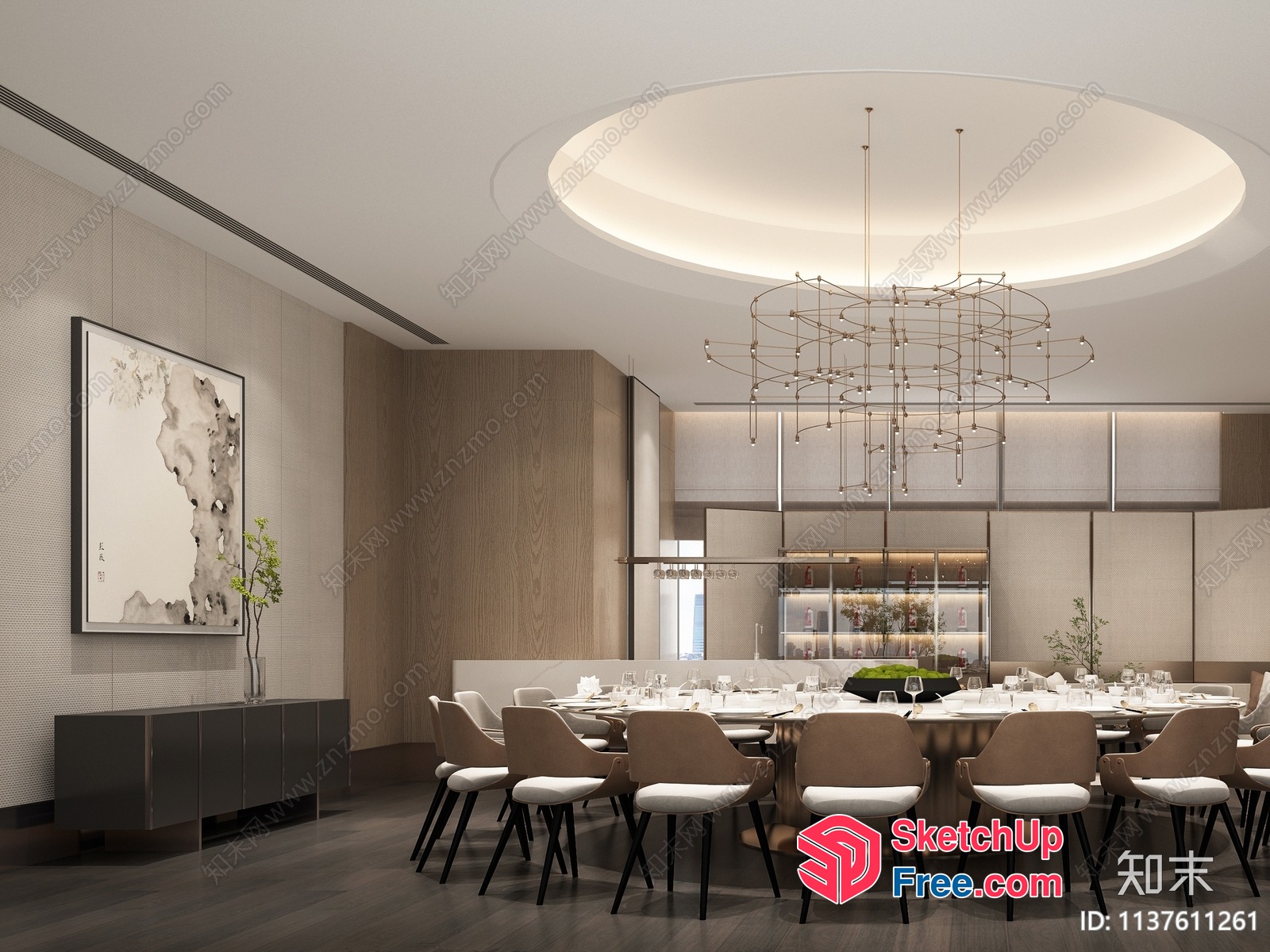 Elegant Dining Room With Modern Chandelier And Table Setting 3D SketchUp File