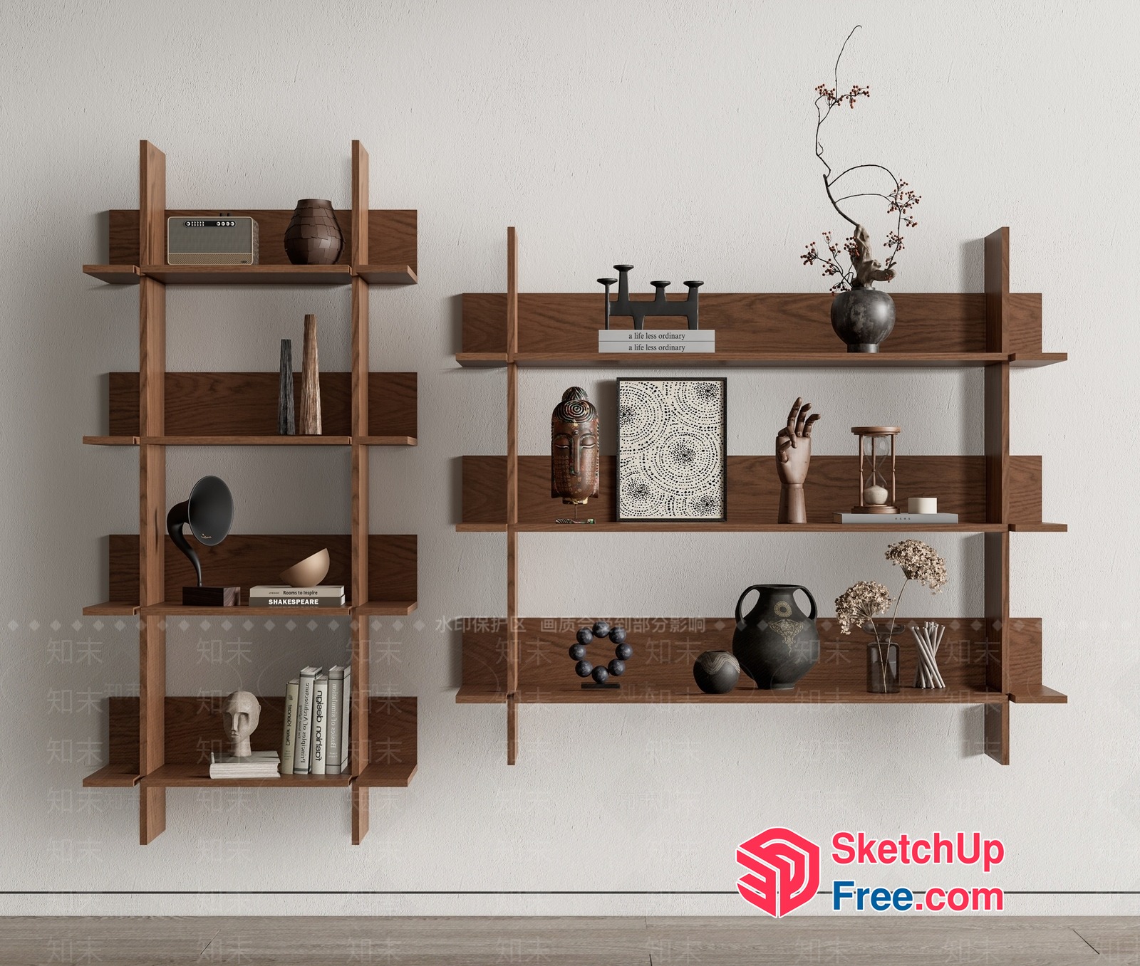 Modern Minimalist Wooden Shelving Unit With Decorative Items 3D SketchUp File