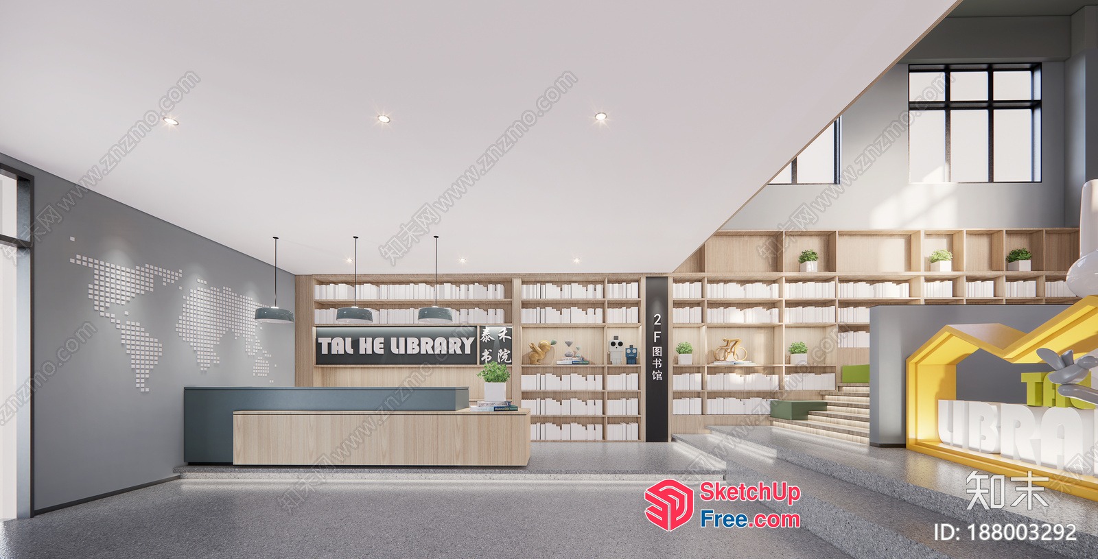 Modern Library Interior With Staircase And Bookshelves 3D SketchUp File