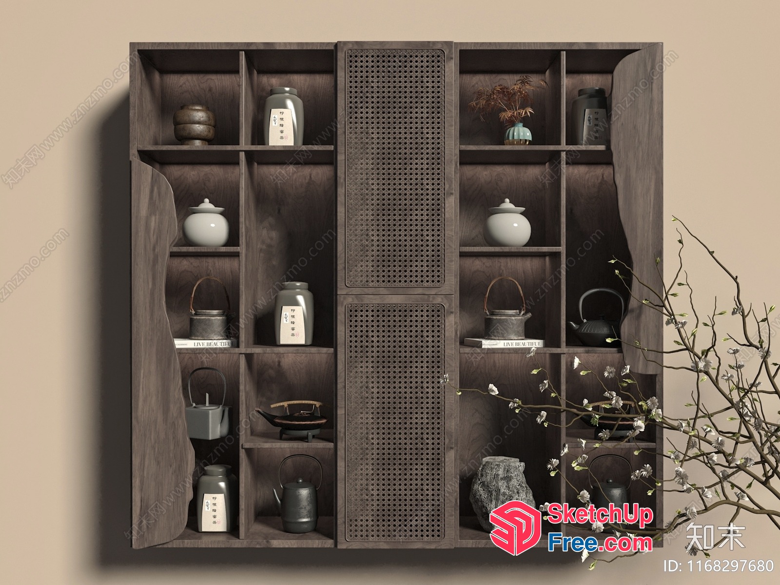Asian-Inspired Wooden Shelf With Teapots 3D SketchUp File