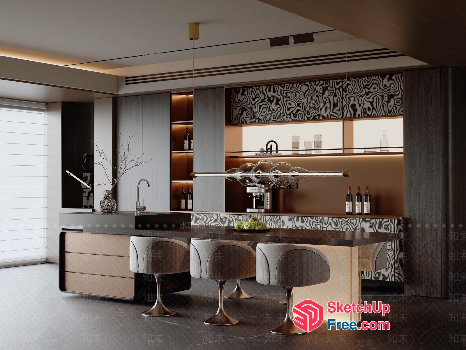 Modern Kitchen With Sleek Bar Stools And Wine Display 3D SketchUp File