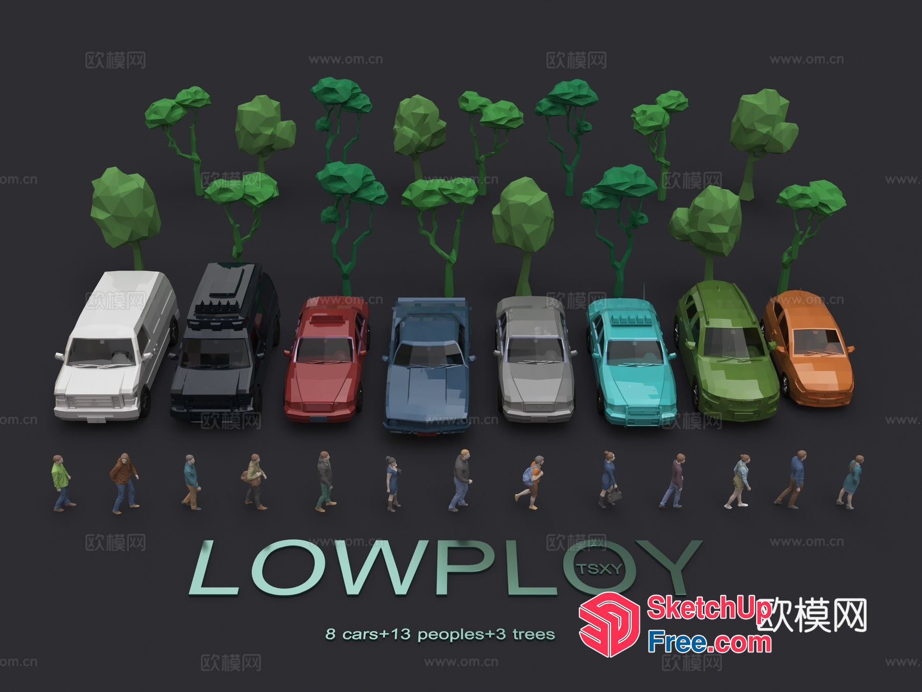 Low-Poly 3D Model Of Cars And Trees 3D SketchUp File