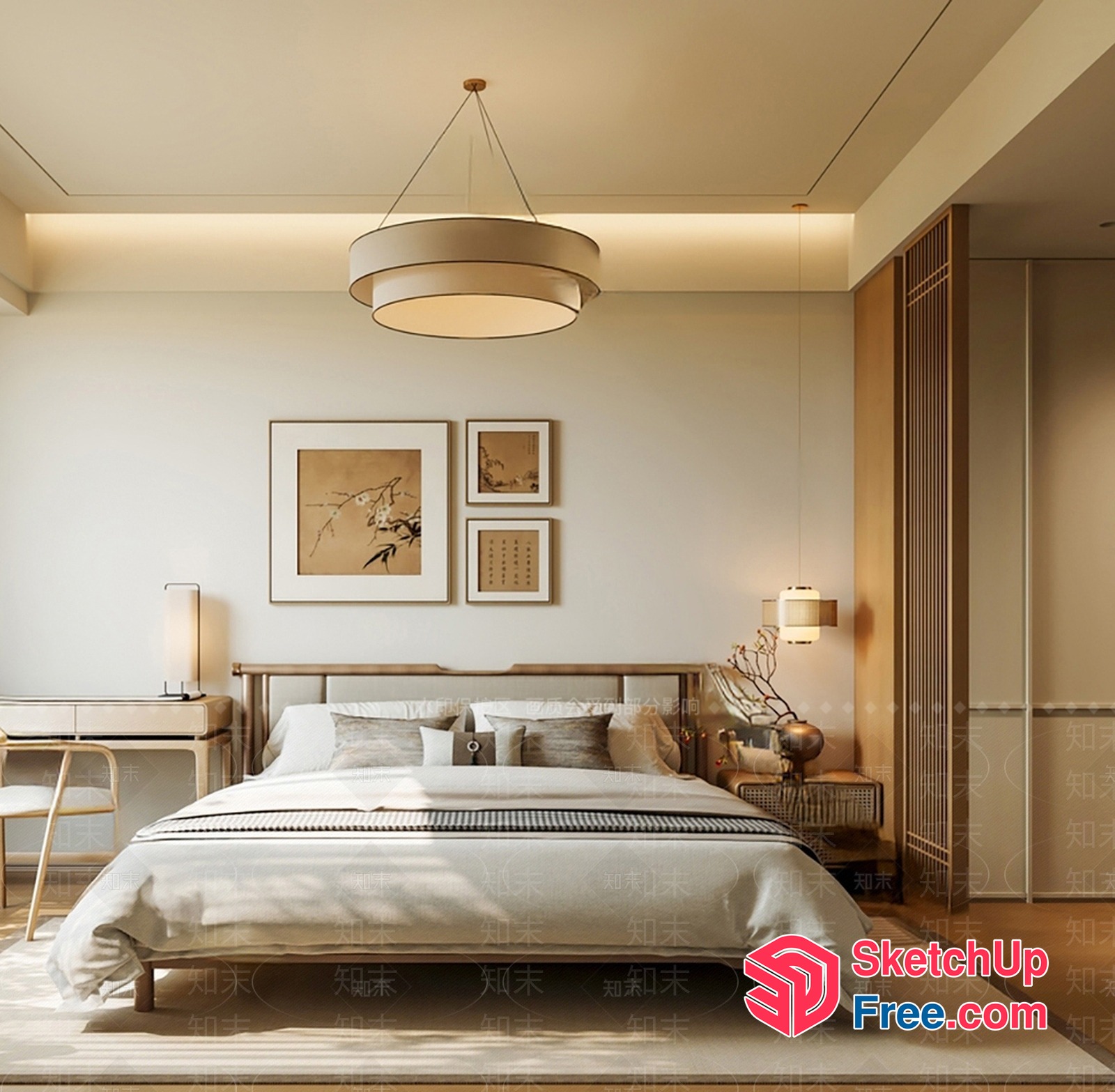 Elegant Japanese-Style Bedroom With Soft Lighting 3D SketchUp File