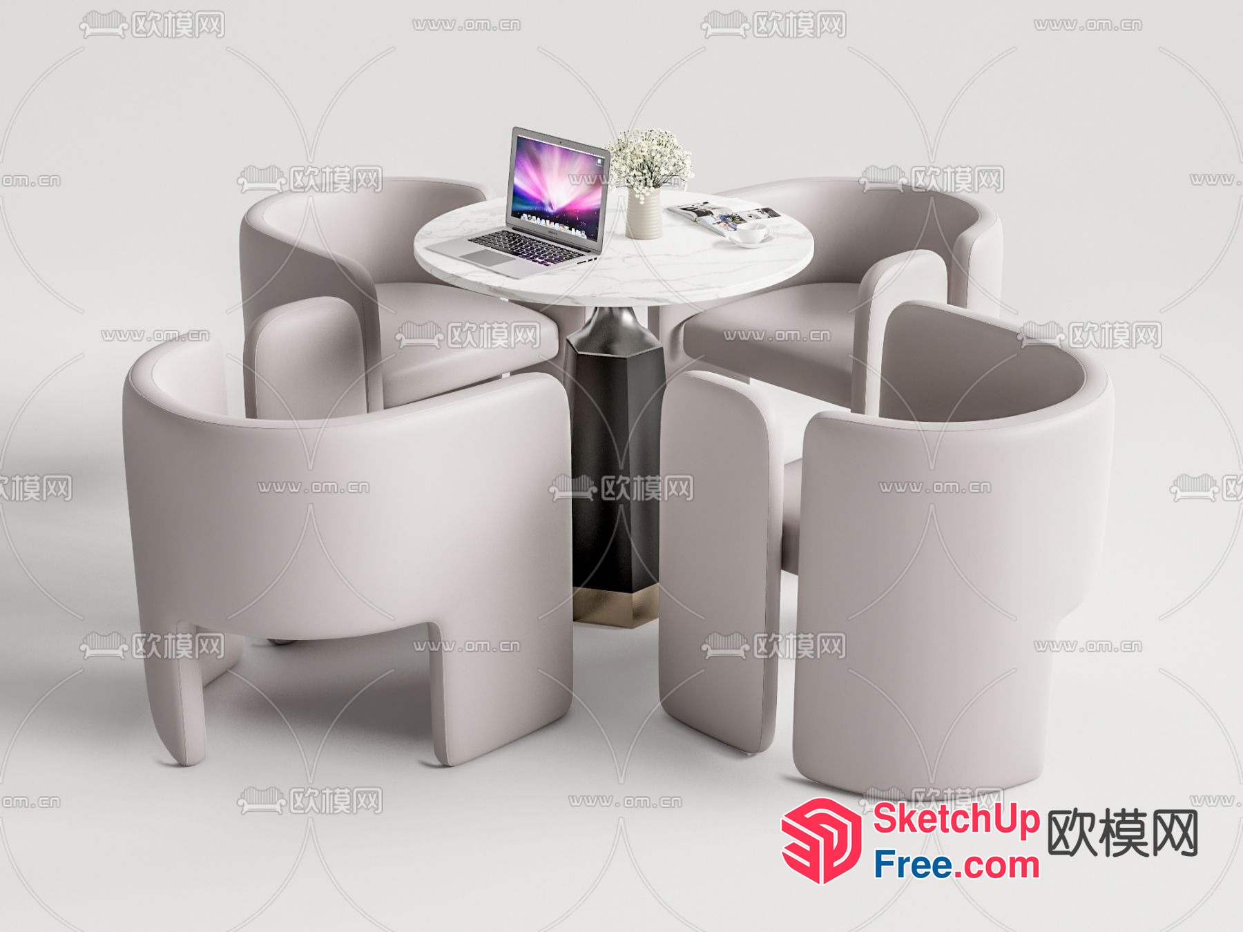 Modern Office Furniture With Laptop And White Table 3D SketchUp File