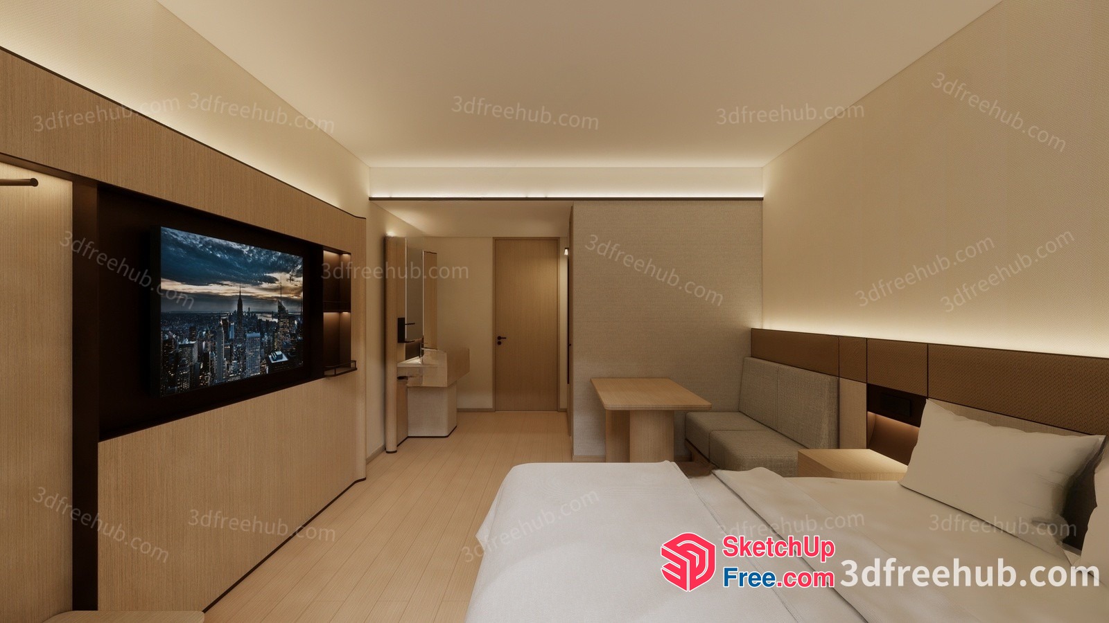 Minimalist Hotel Room Design With Tv And Bed 3D SketchUp File
