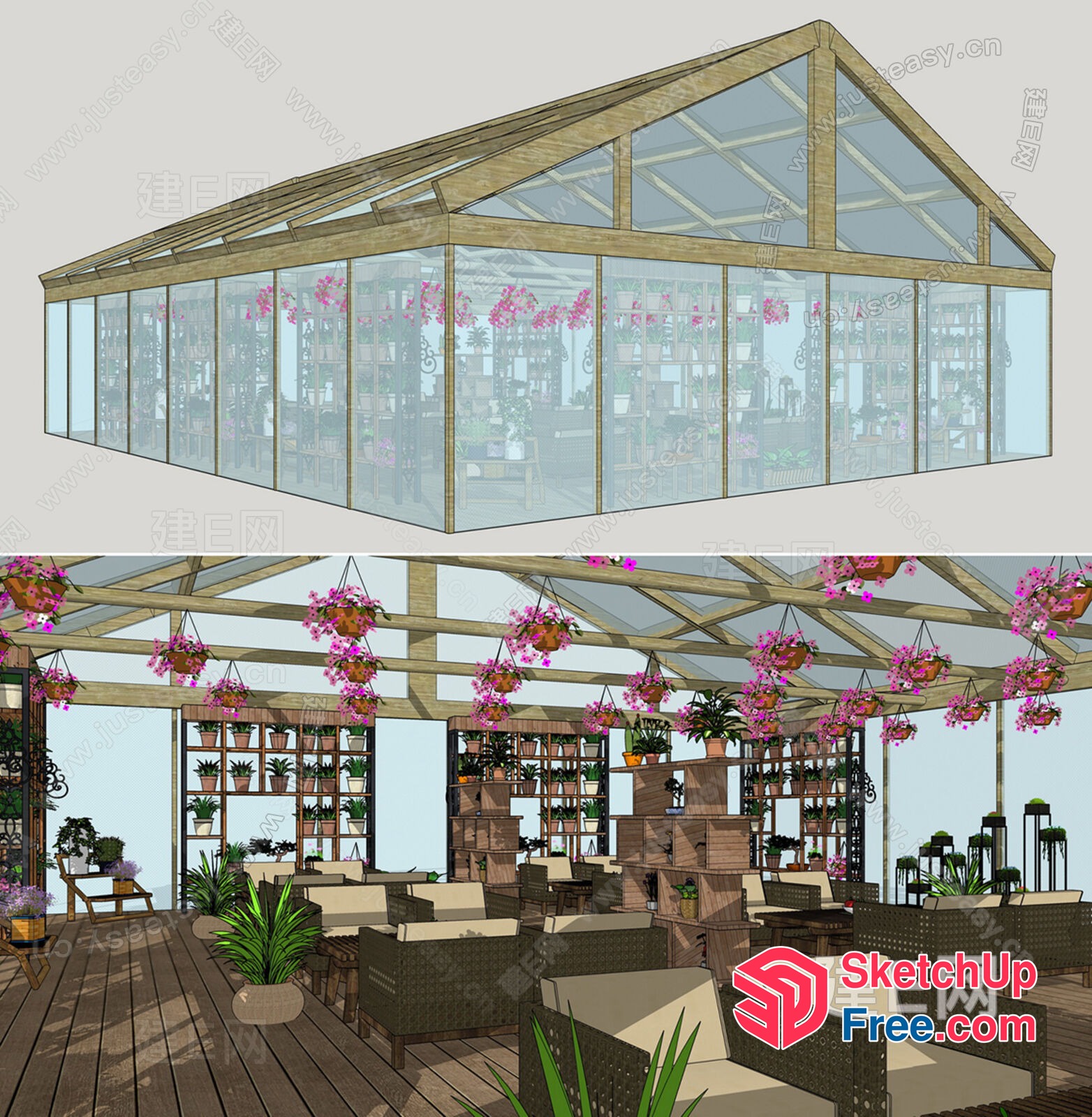 Glass Enclosed Patio With Hanging Potted Plants And Outdoor Seating 3D SketchUp File