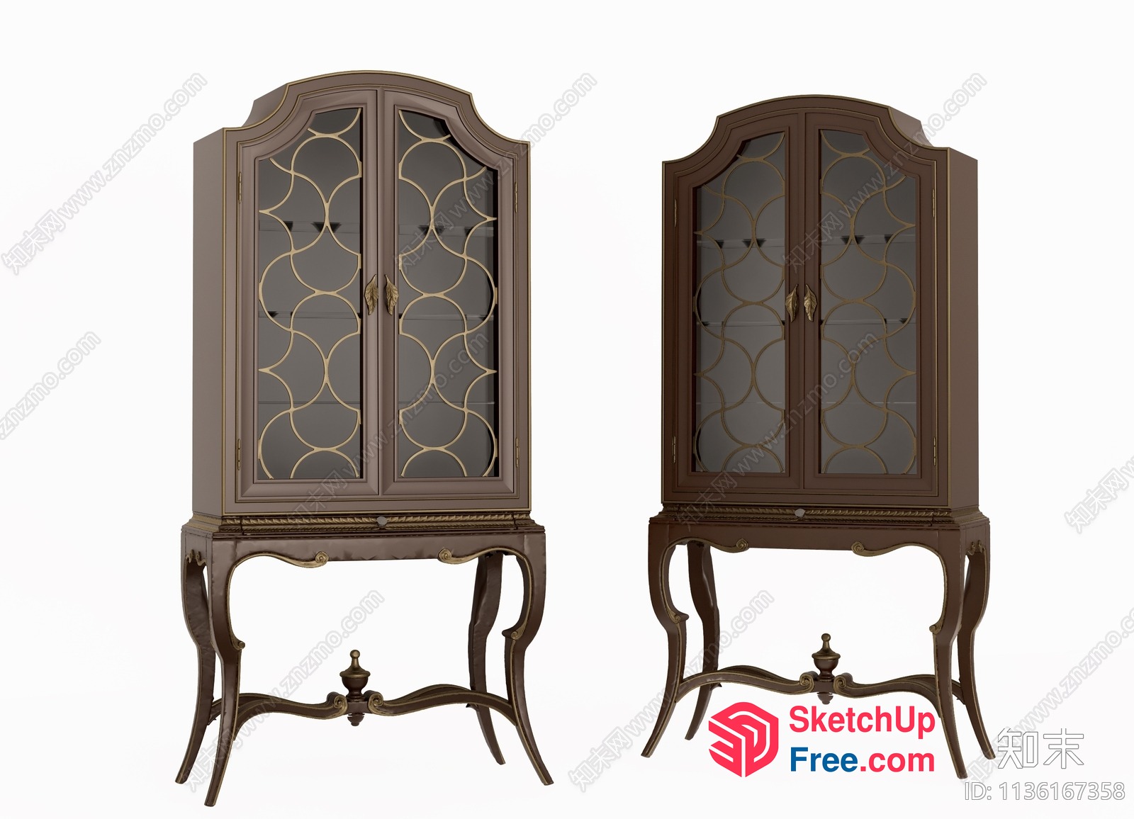 Two Ornate Brown Display Cabinets With Glass Doors 3D SketchUp File