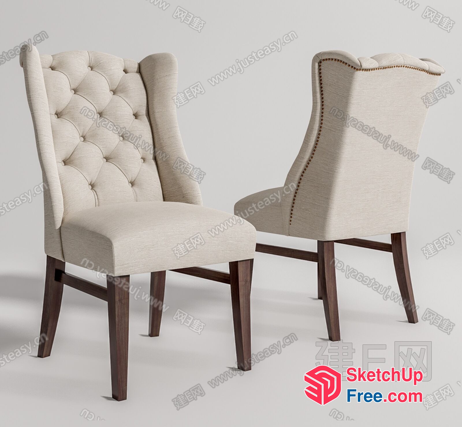Two Creamy Style Upholstered Chairs With Tufted Backs 3D SketchUp File