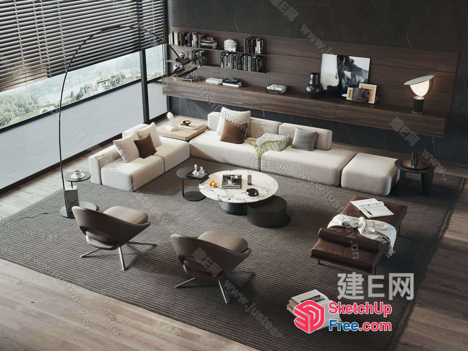 Modern Living Room With Large Window And Bookshelves 3D SketchUp File