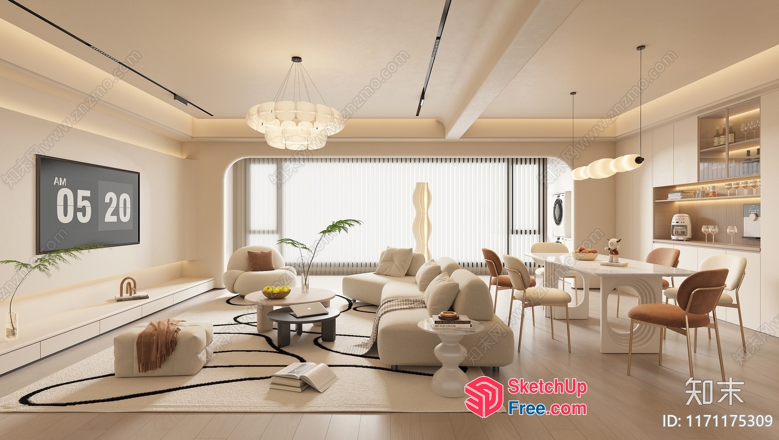 Modern Minimalist Living Room With Creamy Style Furniture 3D SketchUp File