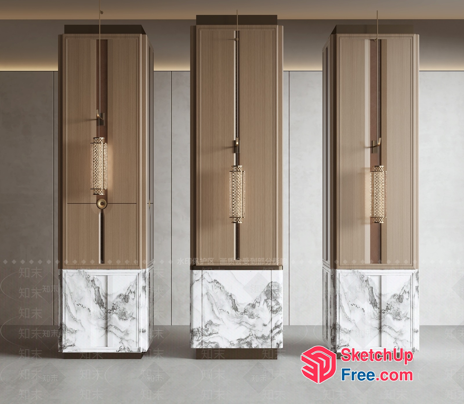 Tall Wood And Marble Decorative Cabinets With Ornate Light Fixtures 3D SketchUp File