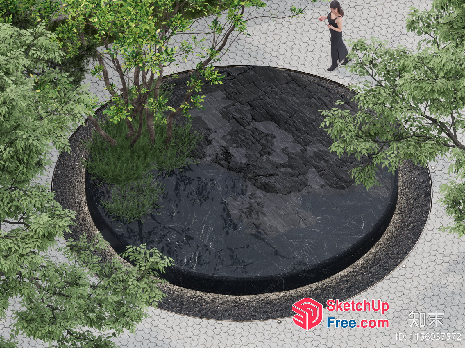 Serene Zen Garden With Stone Pond And Lush Greenery 3D SketchUp File