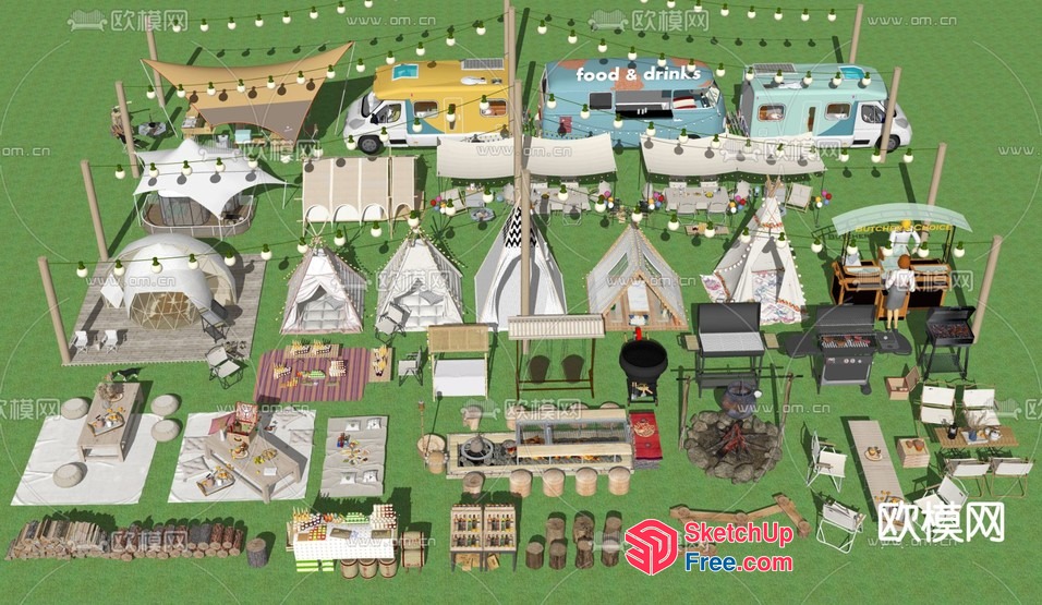 3D Model Of A Campsite With Food Trucks And Tents 3D SketchUp File