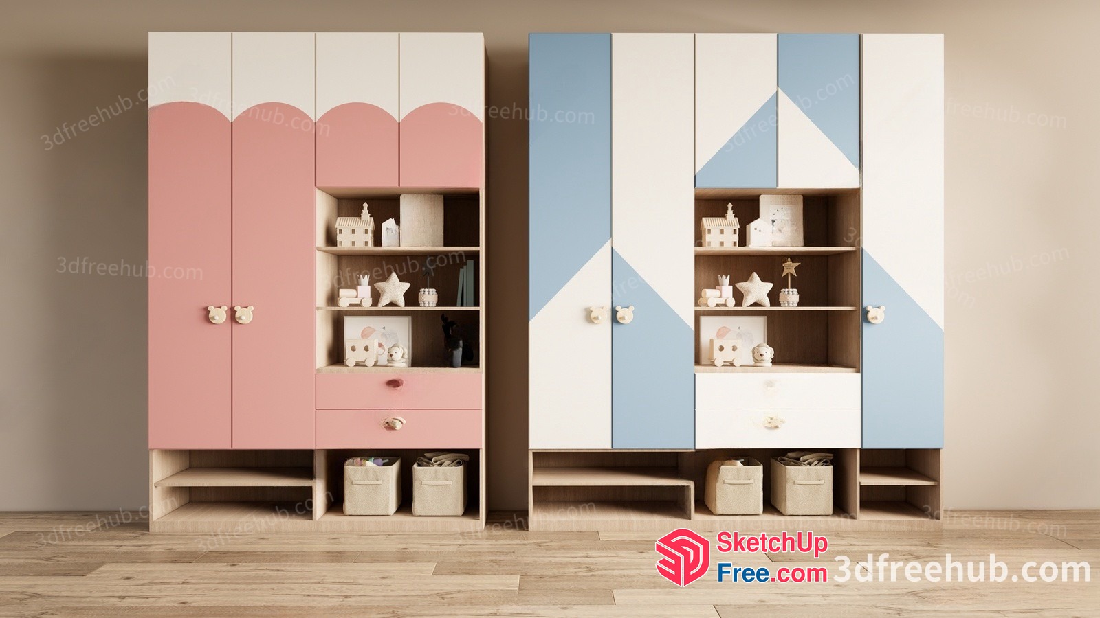 Two Colorful Wardrobes With Storage And Decor 3D SketchUp File